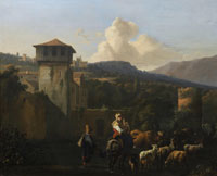 Attributed to Abraham Jansz. Begeyn A drover and his flock fording a stream before a walled town