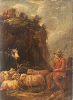Circle of David Teniers the Younger A drover with his herd in a rocky landscape