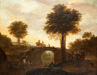 Dirck Stoop Italianate river landscape with a muleteer on a track and a horseman watering his horse, travellers crossing a bridge beyond