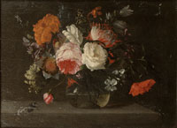 Follower of Jacob van Walscapelle A rose, a poppy, delphiniums and other flowers in a glass vase