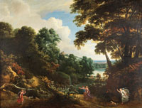 Jacques d'Arthois A wooded landscape with Diana and her nymphs hunting a stag
