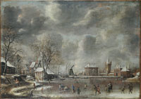 Jan Abrahamsz. Beerstraten A winter landscape with figures skating and playing kolf on a frozen river at the edge of a town