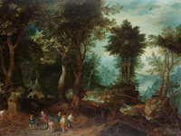 Studio of Jan Brueghel the Elder A wooded landscape with Abraham and Isaac