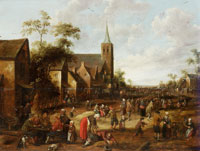 Joost Cornelis Droochsloot A busy village street with figures seated outside an inn