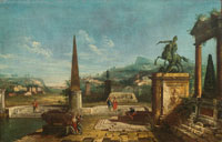 Michele Marieschi An architectural capriccio with figures before an equestrian monument and obelisk