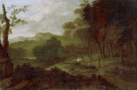 Follower of Nicolaes Berchem Peasants and cattle approaching a village, in a classical landscape