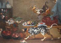 Paul de Vos Various flowers in vases, figs and strawberries in Kraak porcelain bowls, with copperware, dead game, two cats fighting and three dogs in the foreground