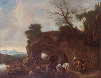 Circle of Philips Wouwerman Travellers resting and watering their horses