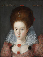 Circle of Robert Peake Portrait of a lady, bust-length, in a red embroidered dress and lace collar