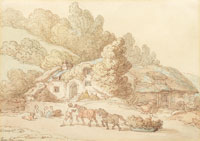Thomas Rowlandson A timber wagon by cottages