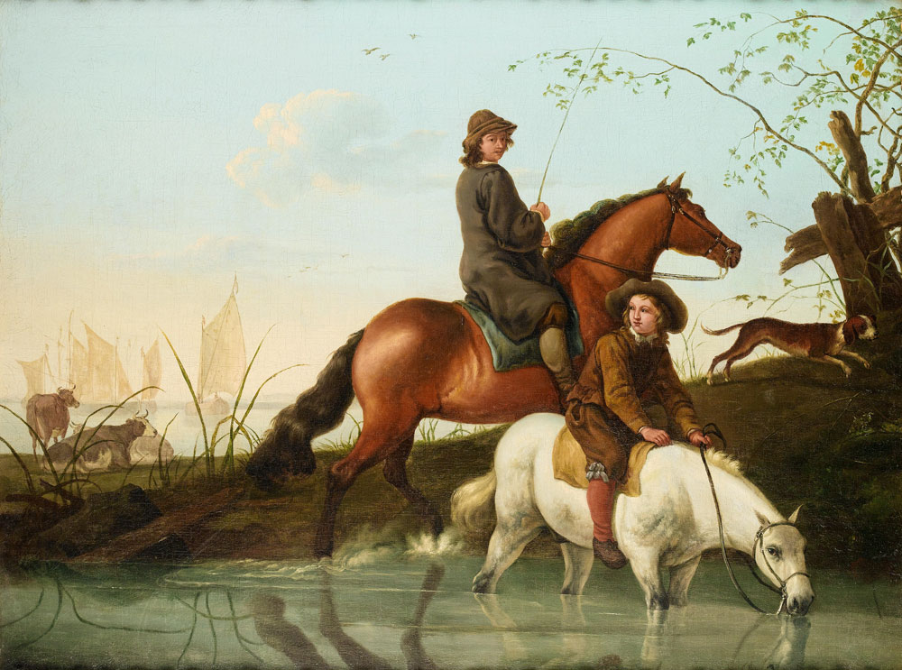 After Aelbert Cuyp - Two men on horseback fording a stream