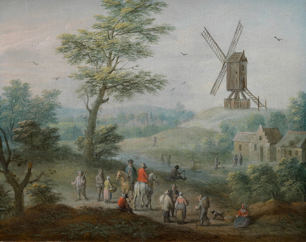 Circle of Balthasar Beschey - Travellers in a landscape, a windmill beyond