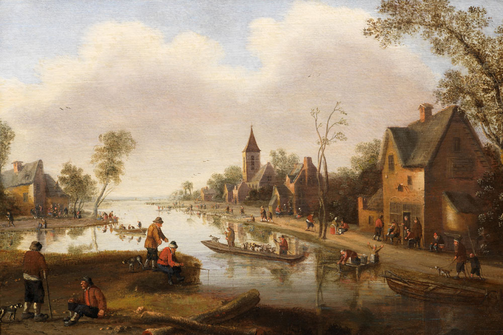 Cornelis Droochsloot - A river landscape with figures outside an inn and fishermen in boats, a town beyond