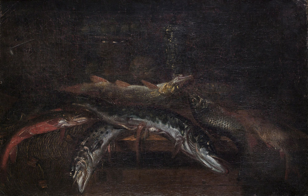 Dutch School - A sturgeon, a red mullet and other fish on a table ledge