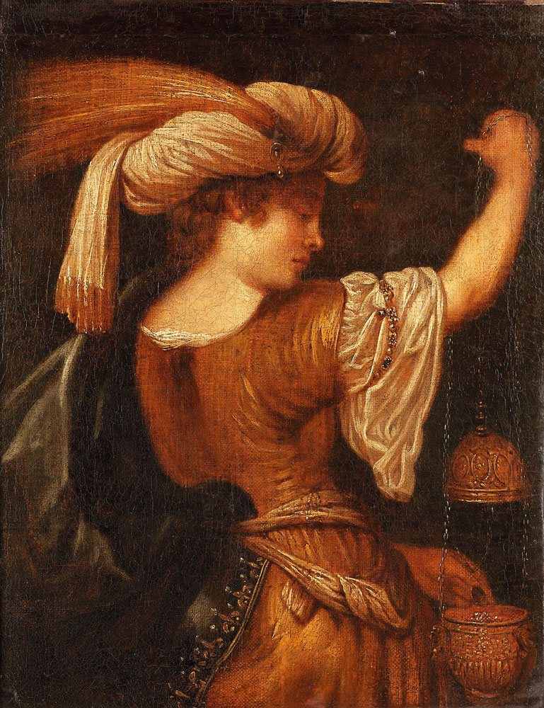 Dutch School - A woman in a plumed turban, holding a censer