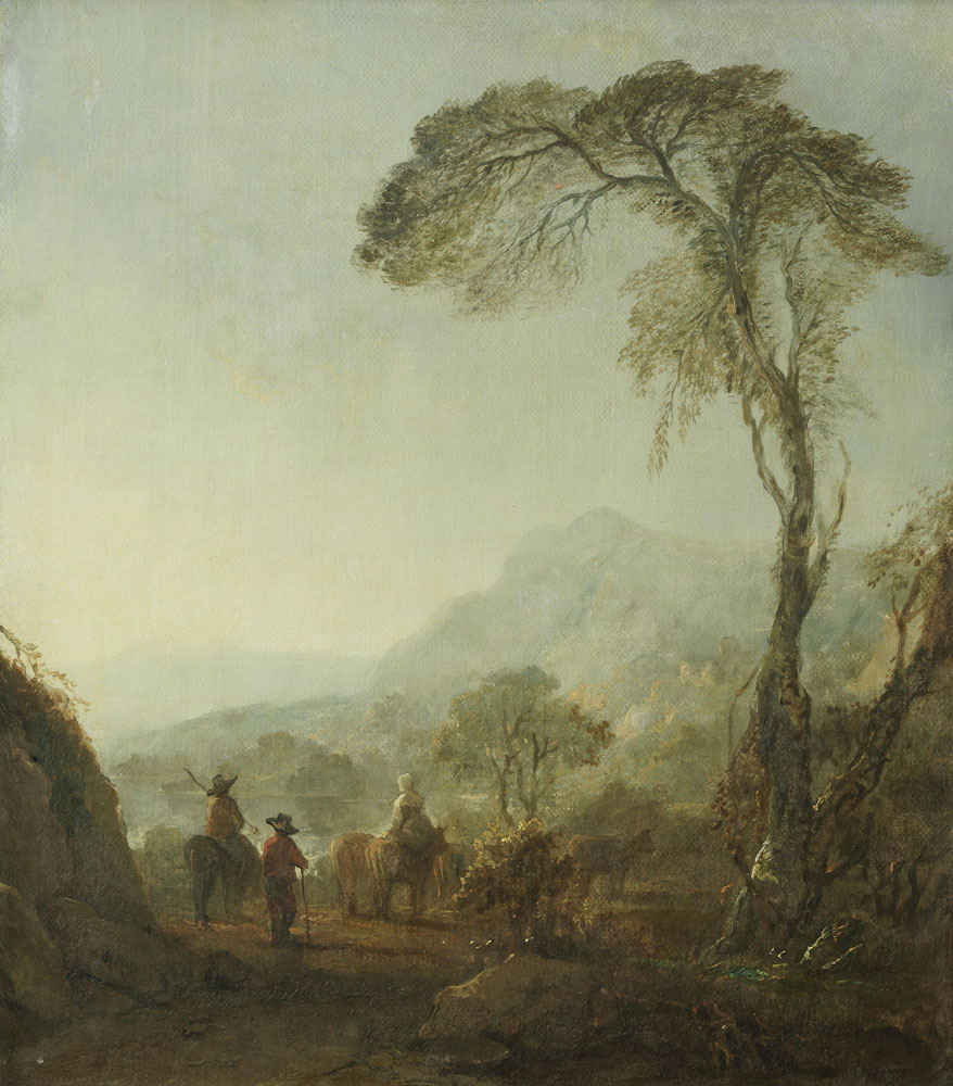 English School - Drovers on a country path before a river