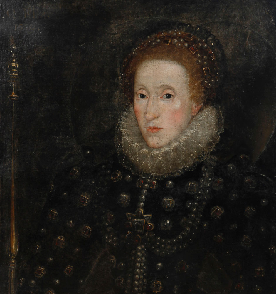 English School - Portrait of Queen Elizabeth I, bust-length, in a black silk dress encrusted with precious stones