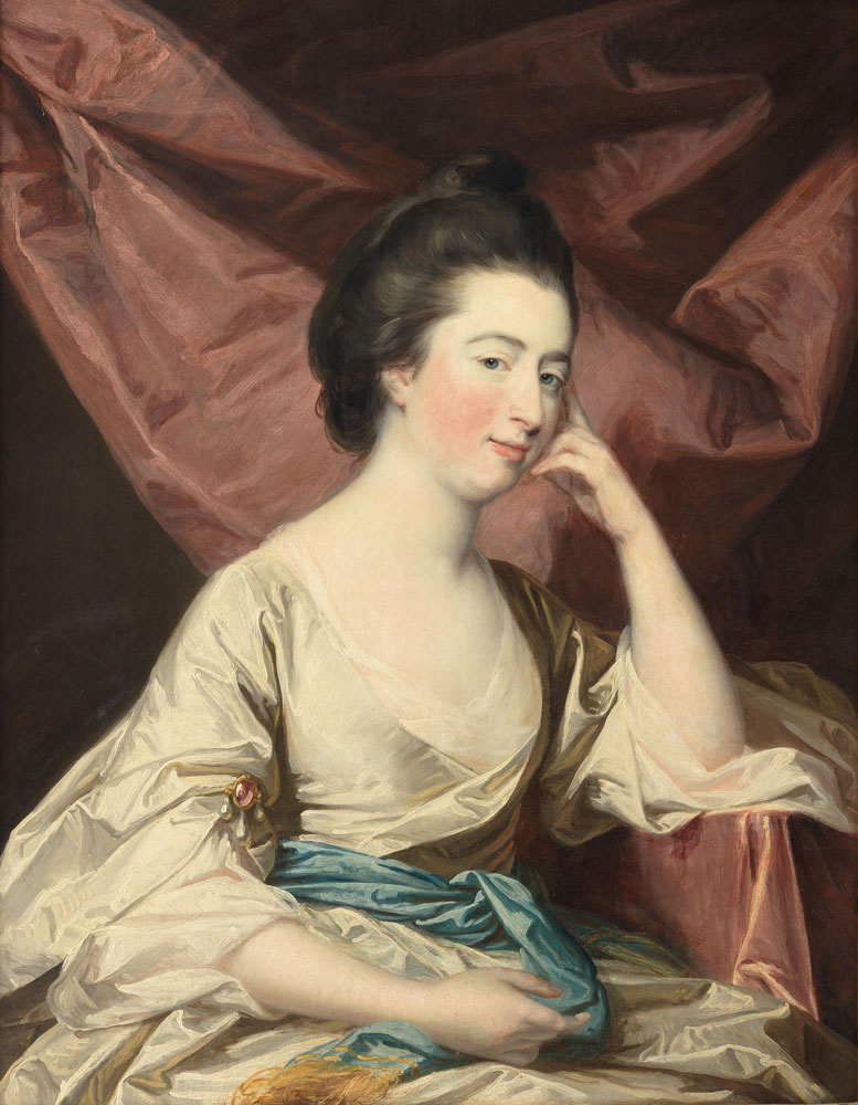 Francis Cotes - Portrait of Lady Fortescue, seated, half-length, in a white silk dress before a red curtain