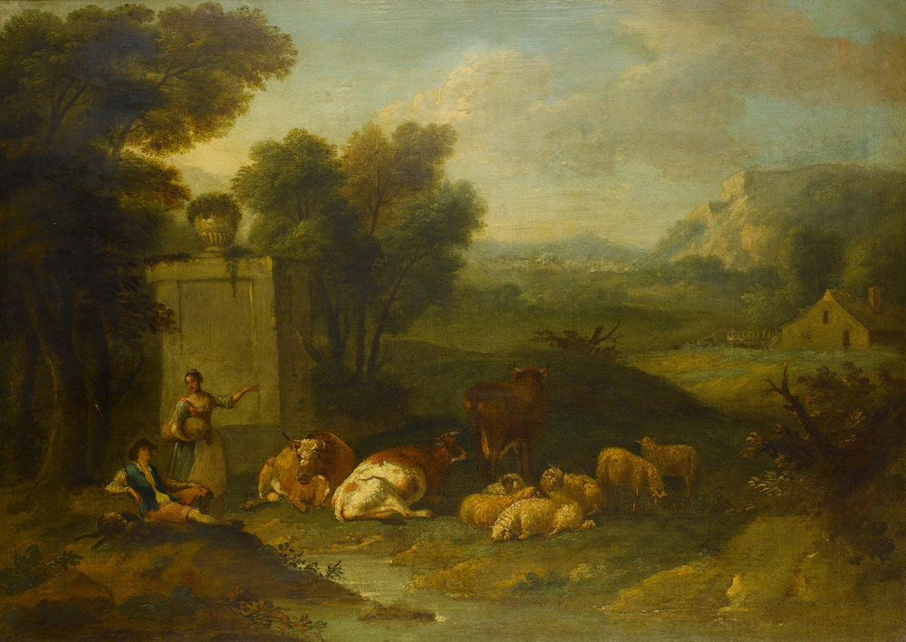 English Follower of Francesco Zuccarelli - A shepherd and a shepherdess grazing their cattle in an Italianate landscape