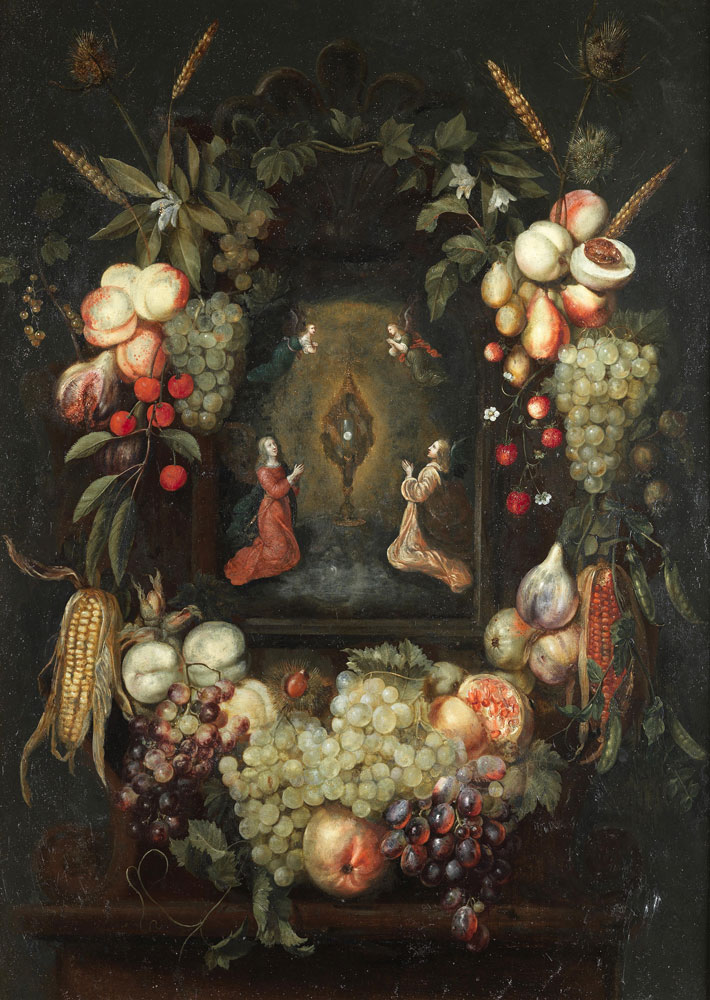 Frans Ykens - A garland of fruit surrounding a niche with angels worshipping the monstrance