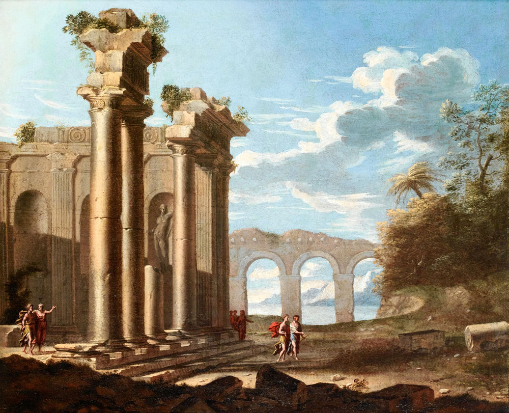 Follower of Giovanni Ghisolfi - A capriccio of Roman ruins
