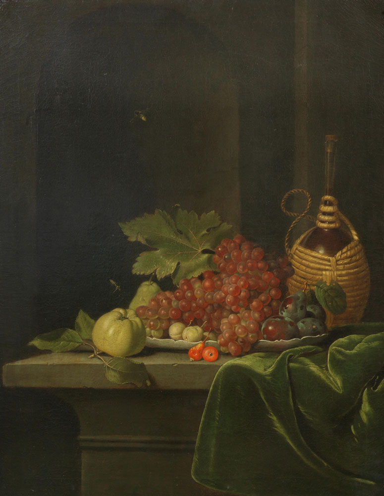 Jacob Samuel Beck - Grapes, plums and other fruit on a stone ledge with a flask of wine and a draped green cloth