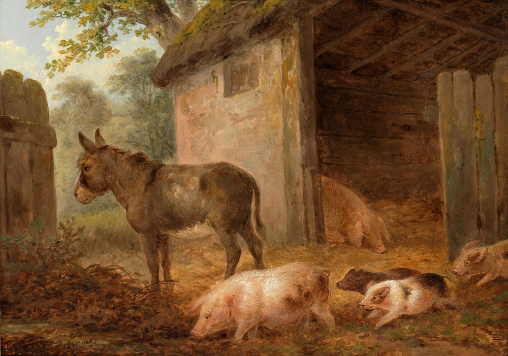 James Ward - Pigs and a donkey in a farmyard
