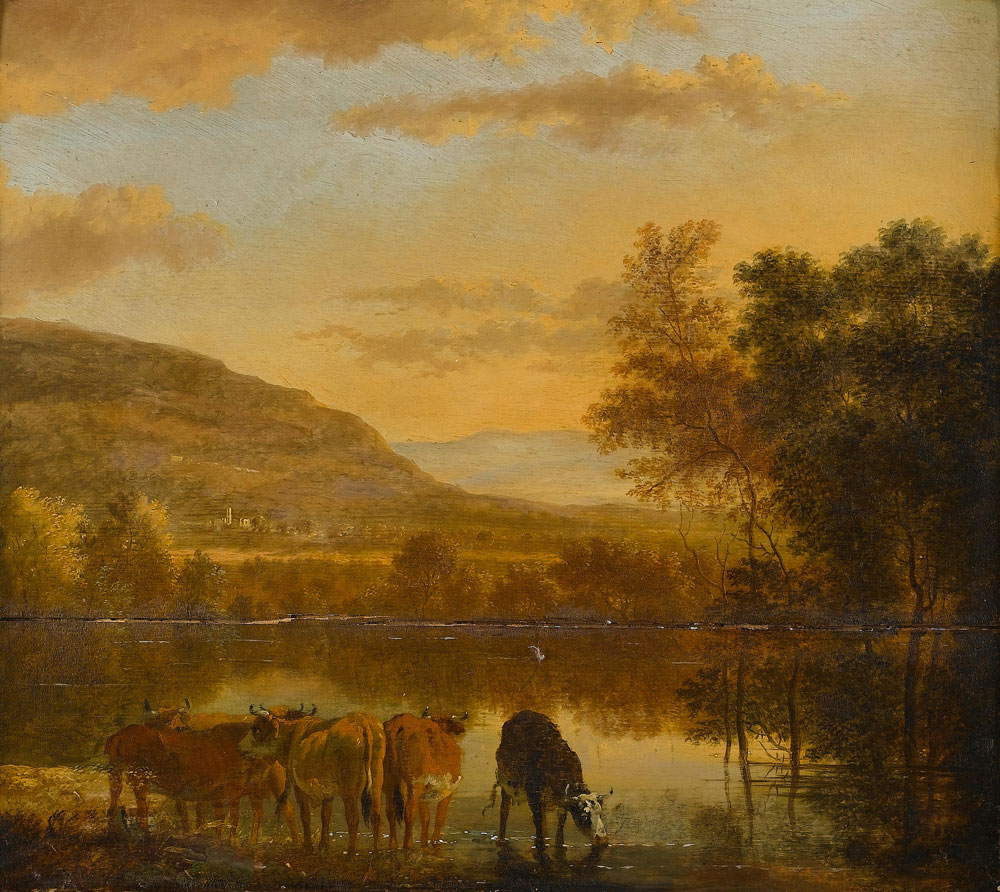Attributed to Jan Hackert - A river landscape with cattle watering in the foreground