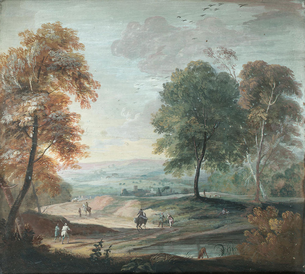 Circle of Marco Ricci - Italianate landscape with travellers on a path