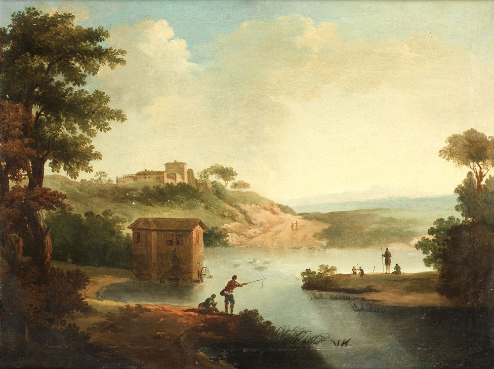 Circle of Paolo Anesi - A river landscape with anglers on the banks