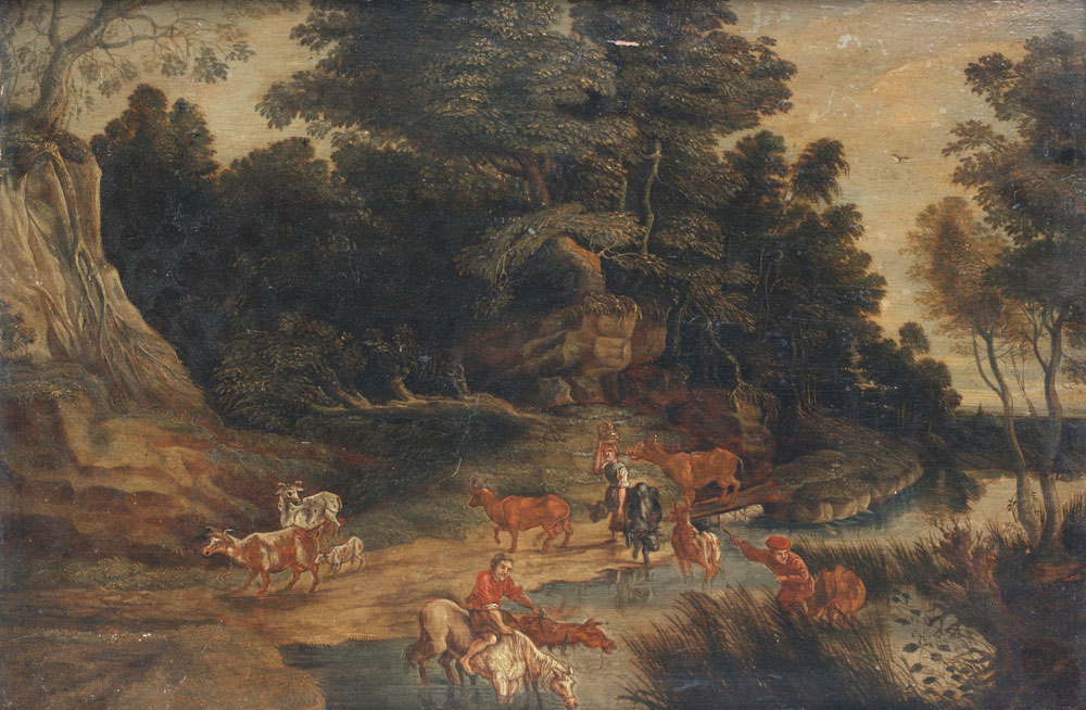 After Peter Paul Rubens - Drovers watering their flocks, a wooded landscape beyond