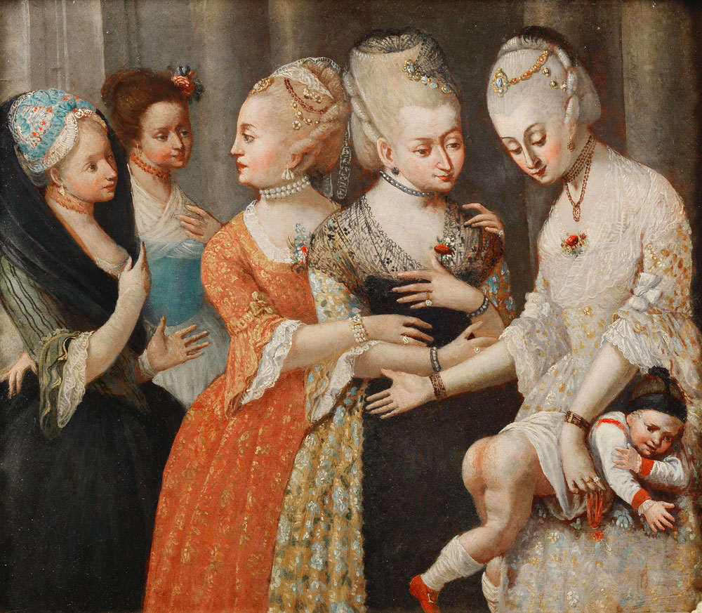 Piedmont School - A group of elegant ladies, one giving a child a spank