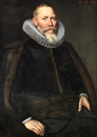 Circle of Cornelis van der Voort Portrait of a gentleman, three-quarter-length, in a black coat and fur-trimmed mantle