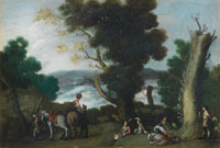 Circle of Cornelis de Wael Figures resting in a woodland clearing