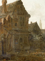 Emanuel Murant A courtyard in a village, with a church tower in the distance