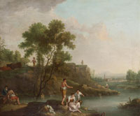 Follower of Francesco Zuccarelli A river landscape with figures resting on the banks, a drover and his cattle on a country path beyond
