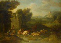 English Follower of Francesco Zuccarelli A shepherd and a shepherdess grazing their cattle in an Italianate landscape