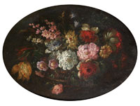 French School - Peonies, roses, tulips and other flowers in a wicker basket