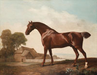 George Stubbs A chestnut thoroughbred before a barn in an open landscape
