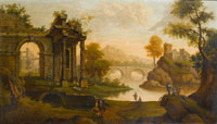 Follower of Jakob de Heusch Figures before ruins in a river-landscape, with buildings and a bridge in the distance