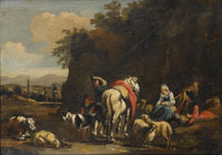Circle of Johann Heinrich Roos A drover and peasants resting