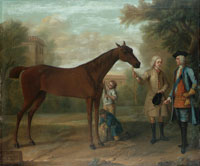 John Wootton Camilla by Bay Bolton rubbed down by two stable boys beside her trainer and owner, Charles, 3rd Duke of Bolton