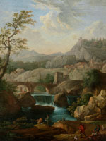 Circle of Paolo Anesi A mountainous river landscape with figures resting on the banks, a bridge over a waterfall beyond