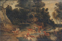 After Peter Paul Rubens Drovers watering their flocks, a wooded landscape beyond
