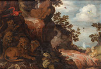 Roelandt Savery Lions resting in a wooded glade with a parrot, animal bones and a waterfall nearby, two leopards on the bank beyond