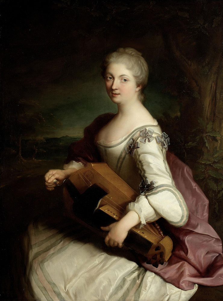 Alexis Grimou - Portrait of a lady, three-quarter-length, in a white dress with blue bows, and a violet mantle, playing a hurdy gurdy, in a wooded landscape