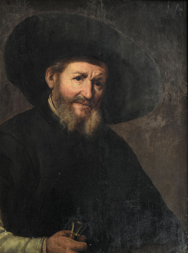 School of Amsterdam - Portrait of bearded gentleman, half-length, in a black coat and broad-rimmed hat, holding a cane