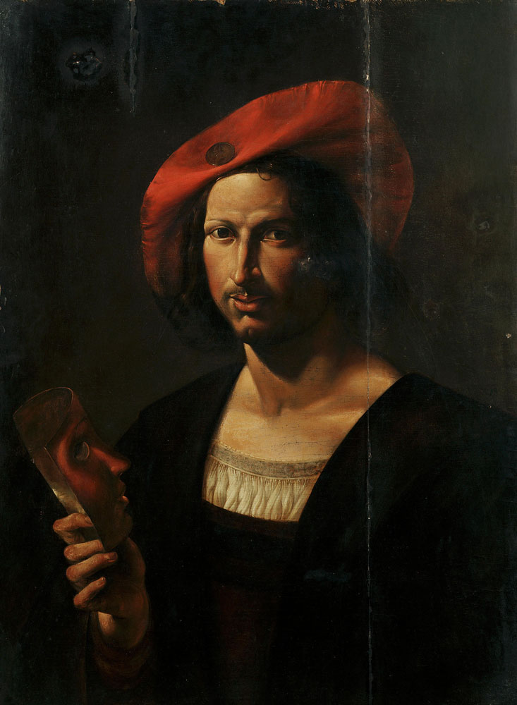 Attributed to Angelo Caroselli - Portrait of a gentleman in a wide-brimmed red hat holding a mask