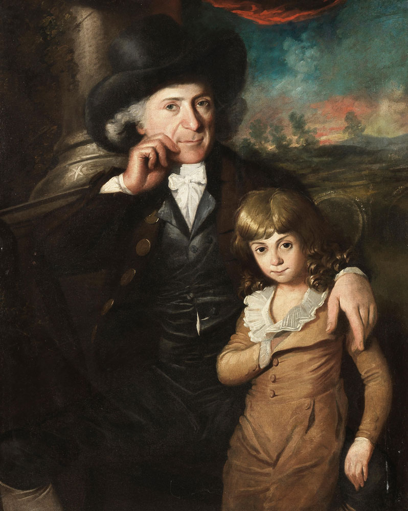 Circle of Benjamin West - Portrait of a gentleman and a young boy, possibly members of the Littleton family, three-quarter-length, seated before a landscape