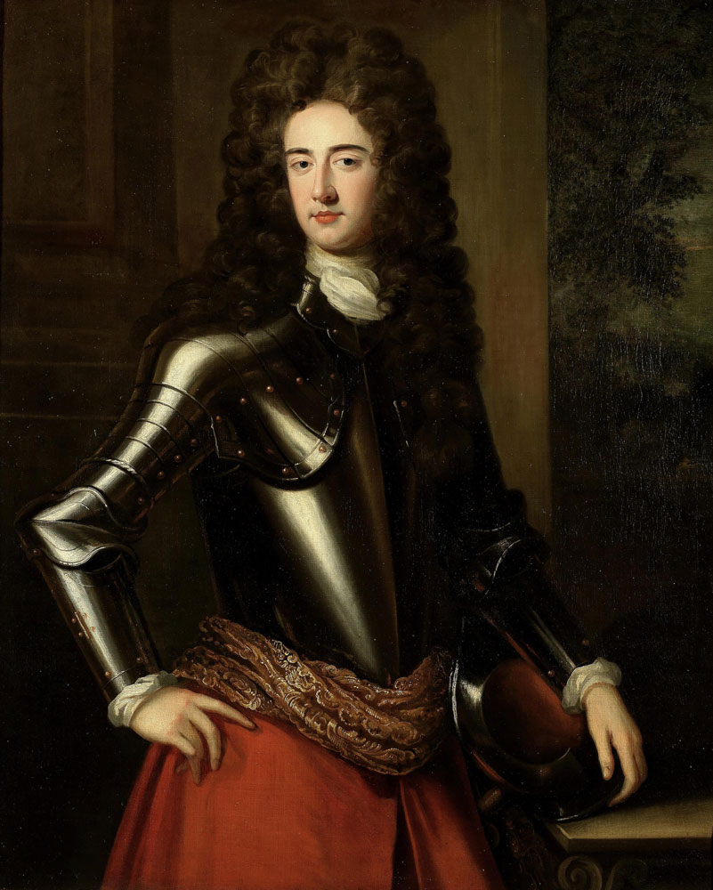Charles d'Agar - Portrait of John Churchill, 1st Duke of Marlborough, three-quarter-length, in armour and an embroidered sash, holding a helmet, standing beside a stone plinth with a landscape beyond